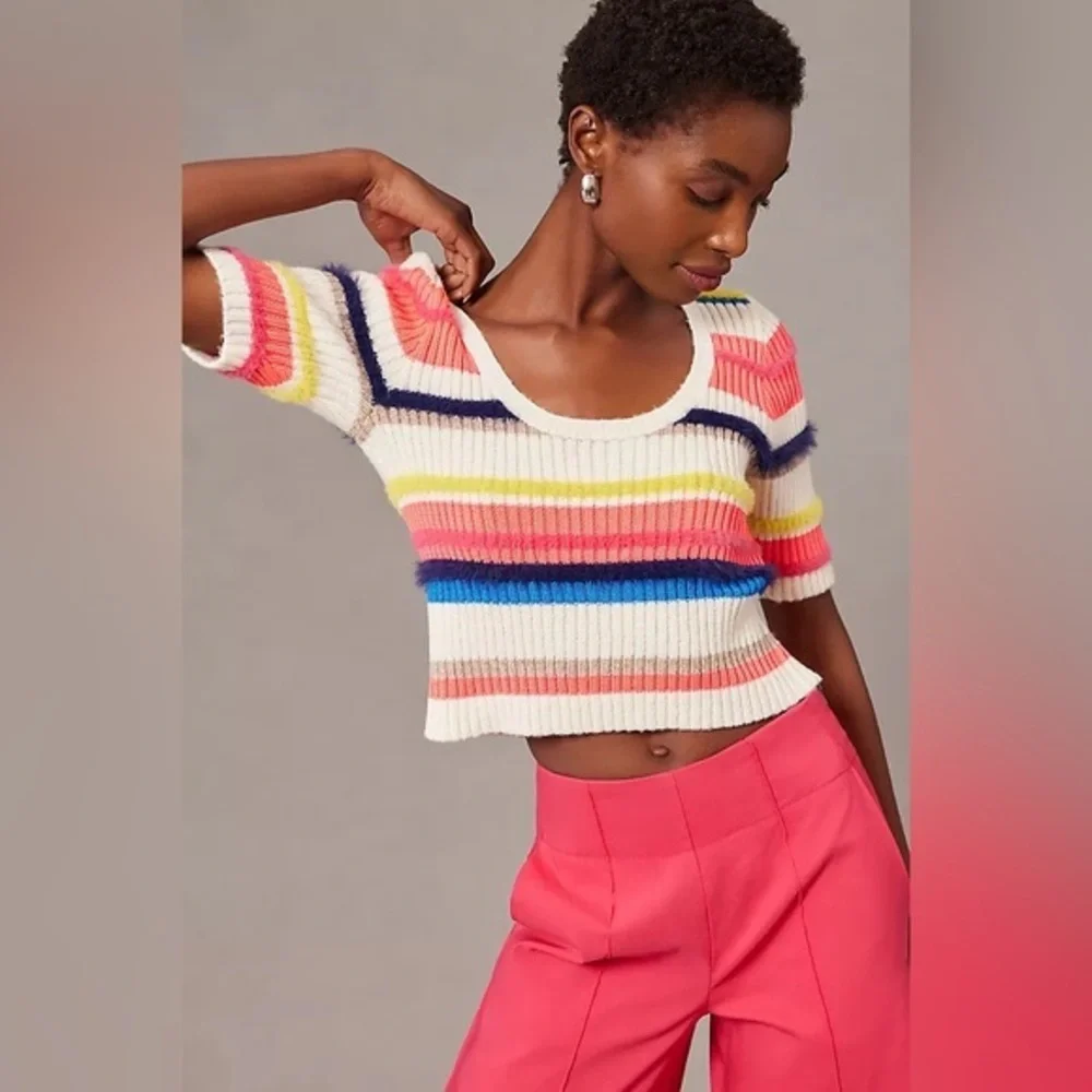Maeve Anthropologie Short-Sleeve Multi-Stripe Eyelash Sweater - Picture 2 of 11